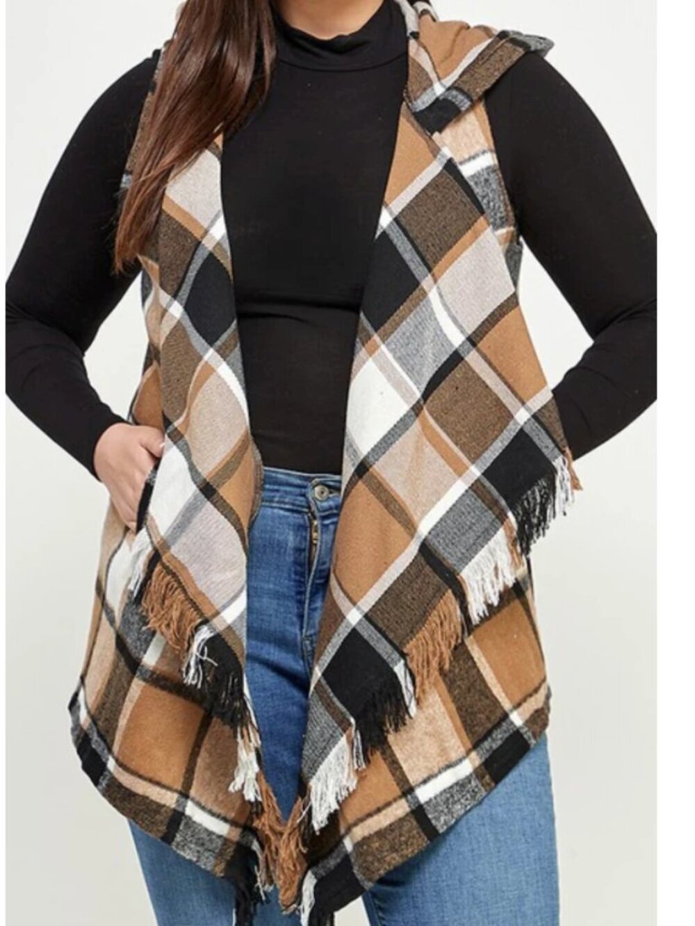 Altar'd‎ State Women's Size Small Sleeveless Hooded Vest Brown Plaid Fringe
